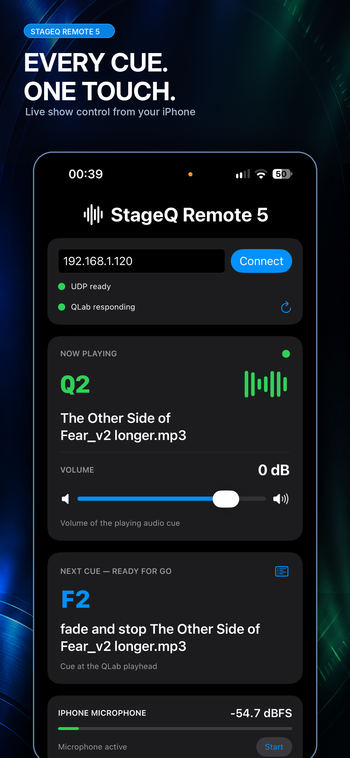 StageQ Remote 5 running on an iPhone