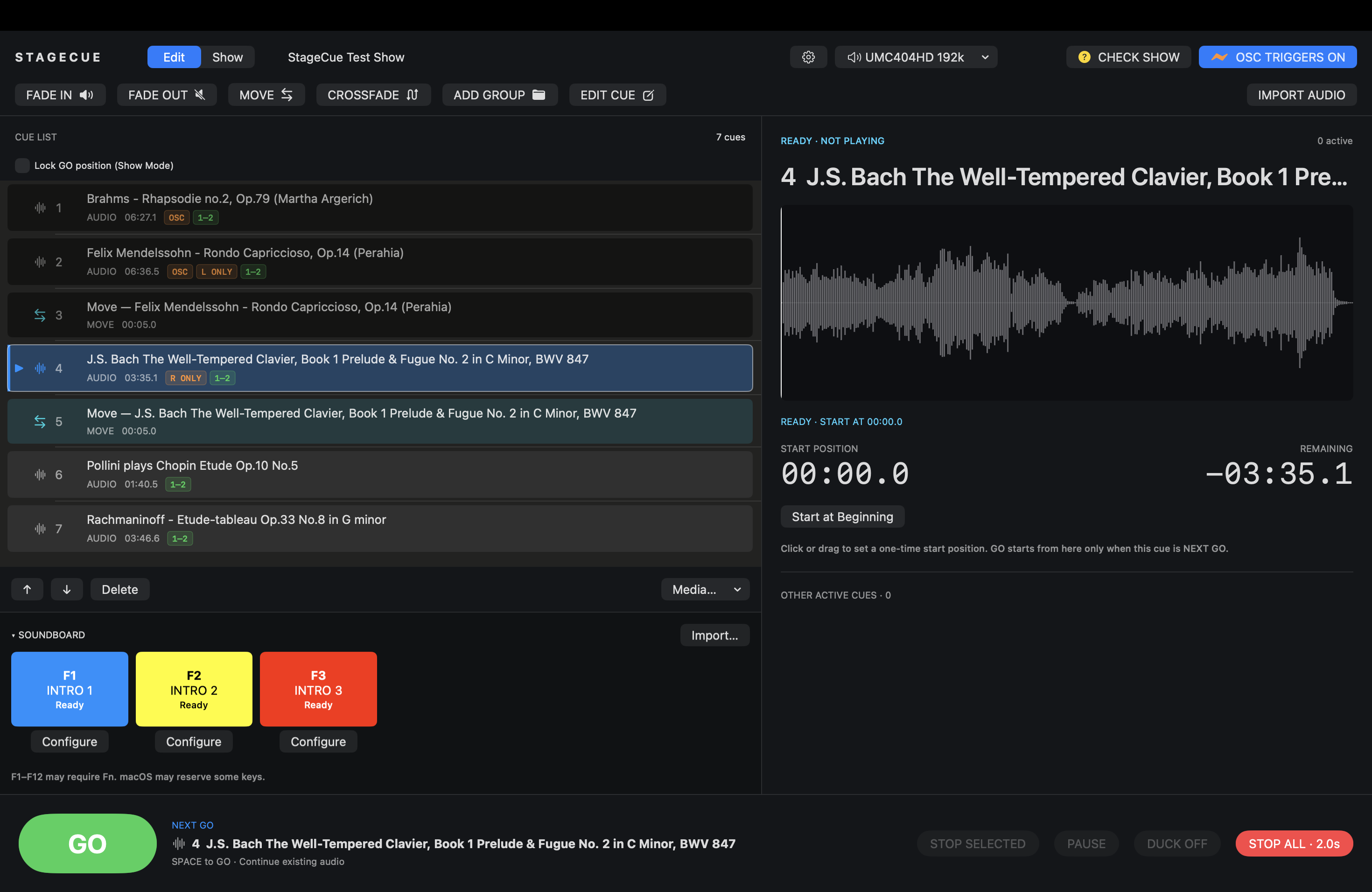 A selected StageCue item with its audio waveform and cue controls.