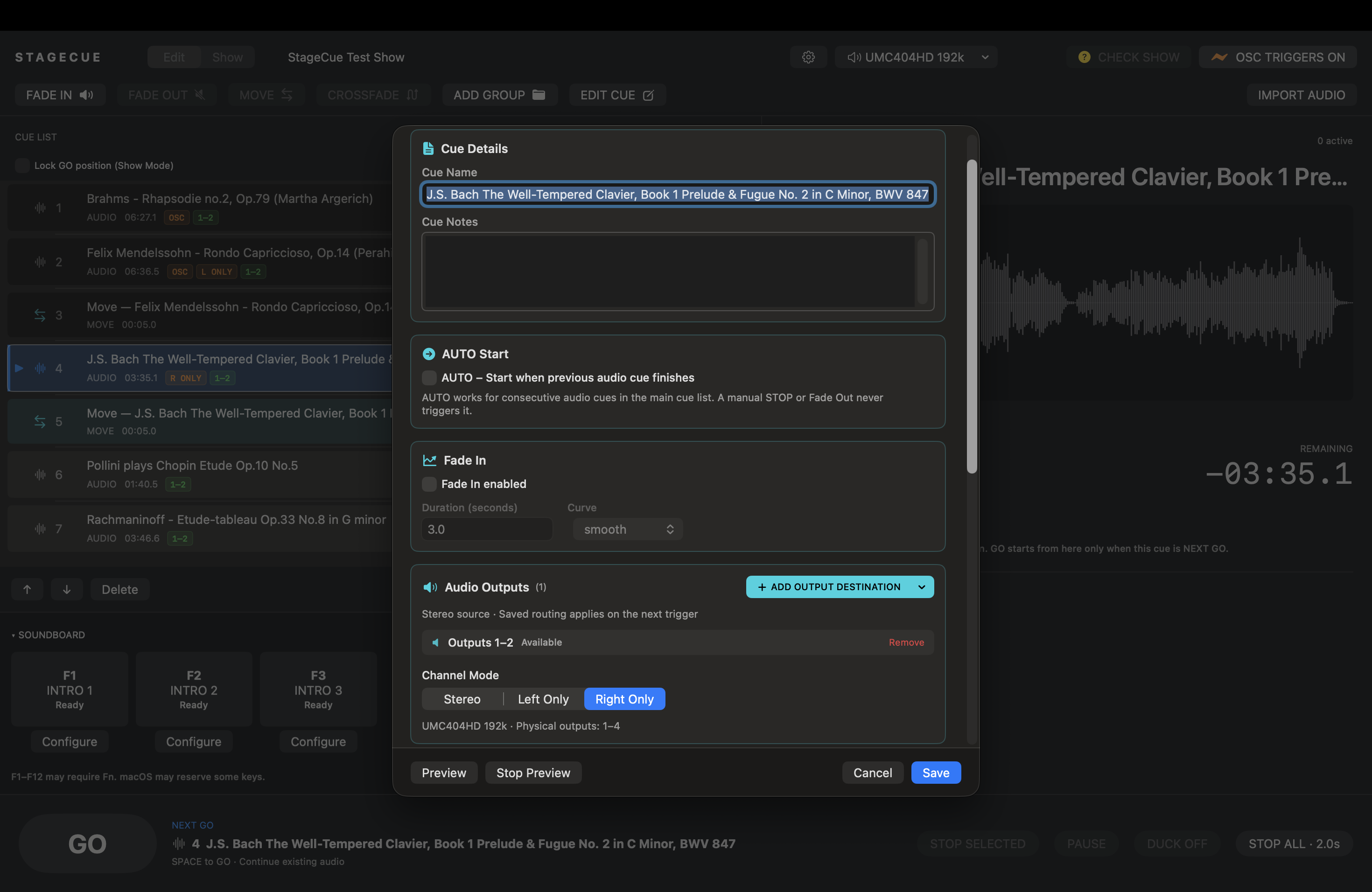 StageCue cue settings, including fade and audio-output options.