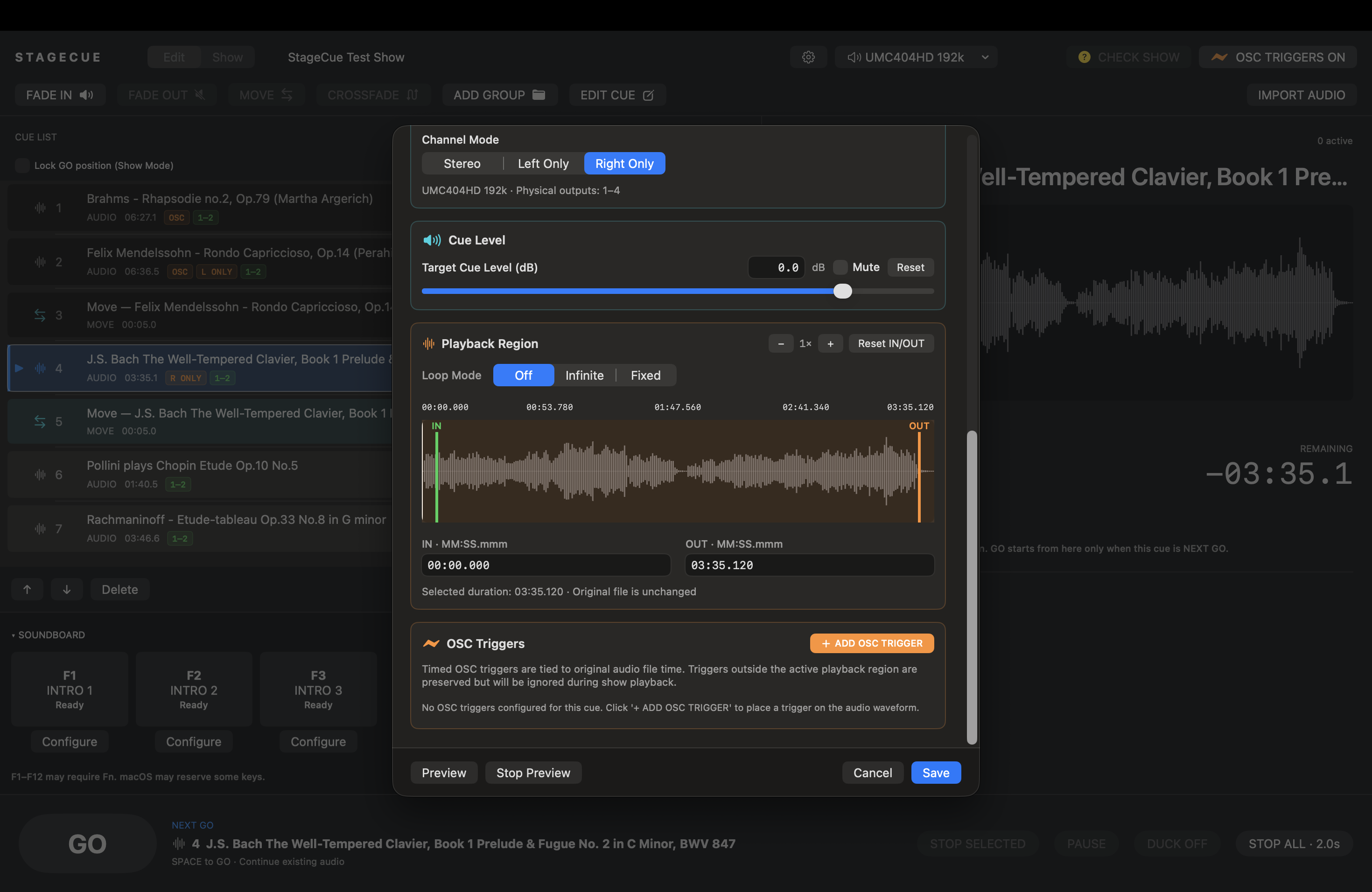 StageCue cue settings showing a playback region and OSC trigger options.