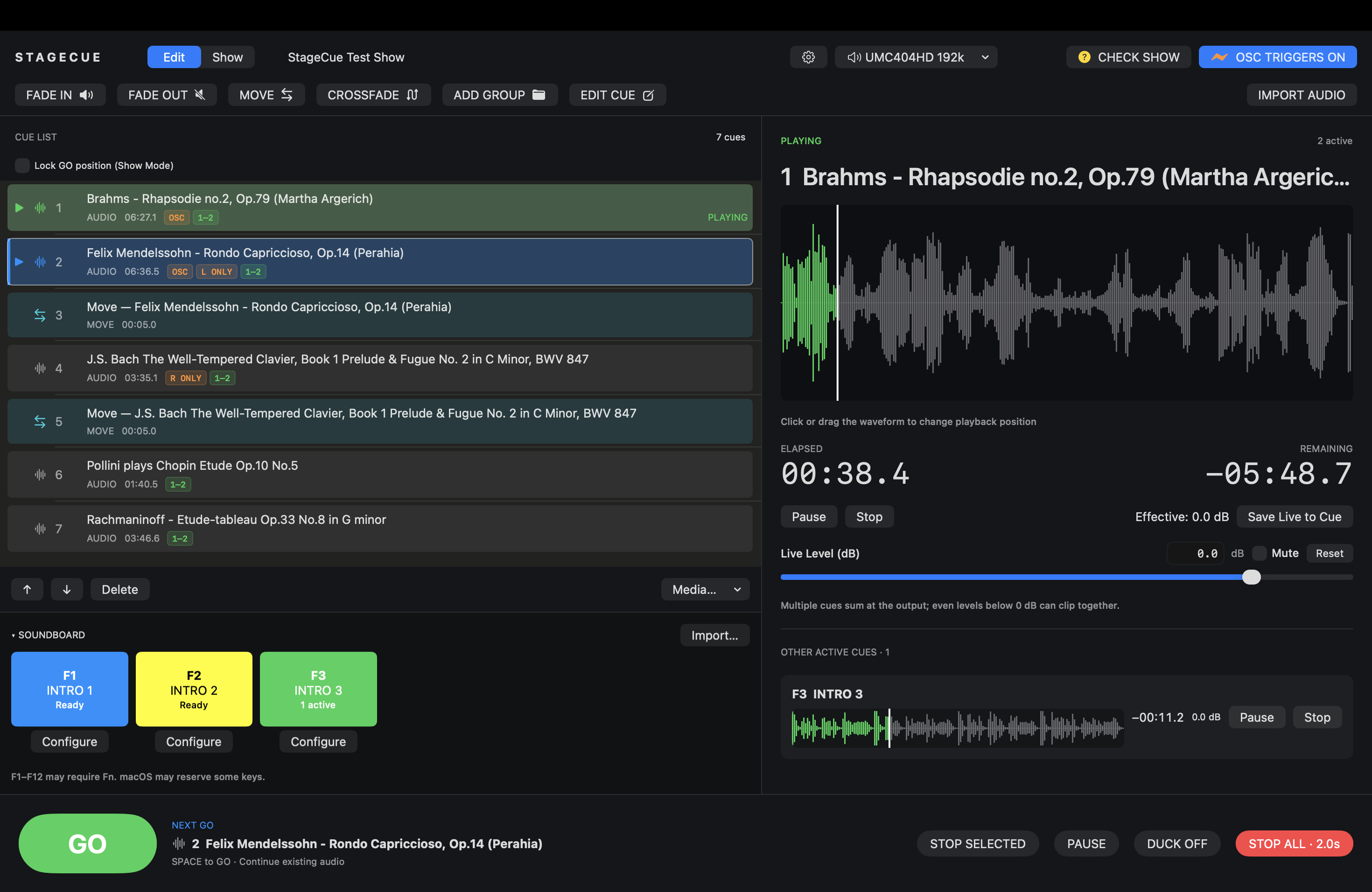 StageCue showing two active cues in the playback list.